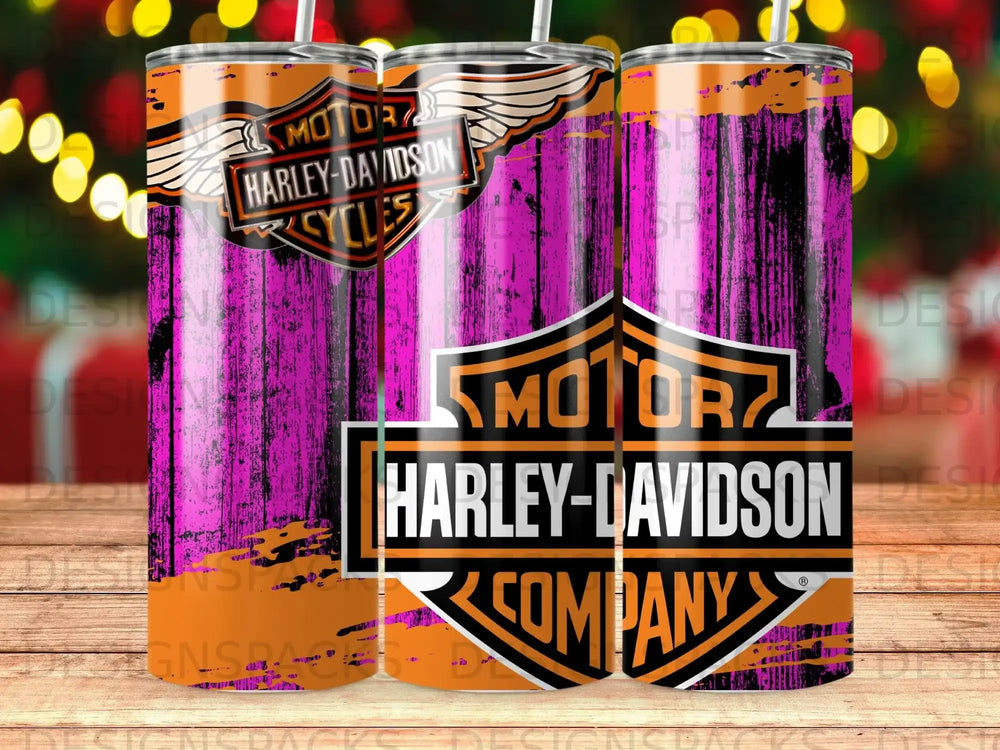 Harley-Davidson logo and shield design on a purple and pink tumbler wrap.