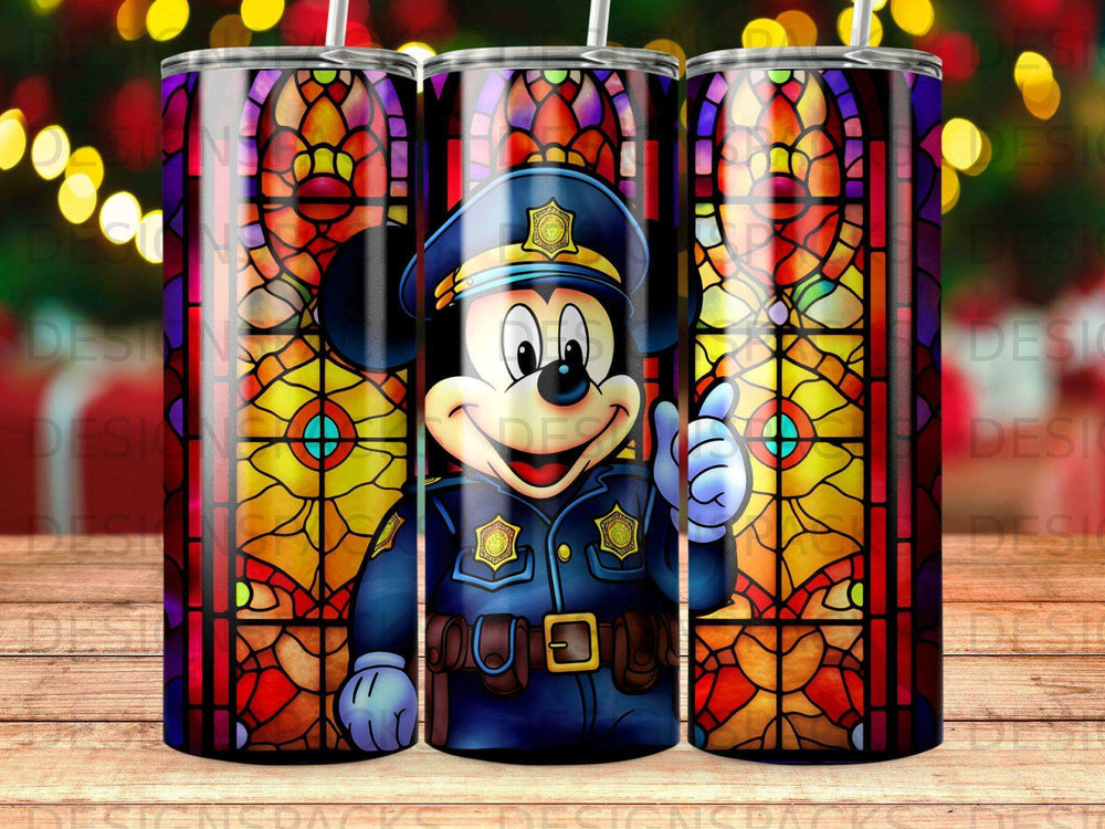 Mickey Mouse in police uniform giving a thumbs up against a stained glass background.