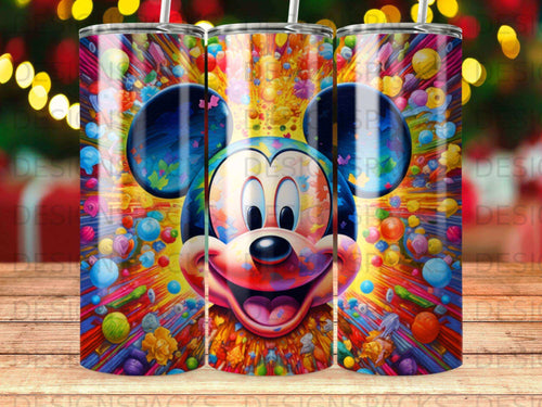 Mickey Mouse smiling with colorful, abstract geometric patterns and lights.