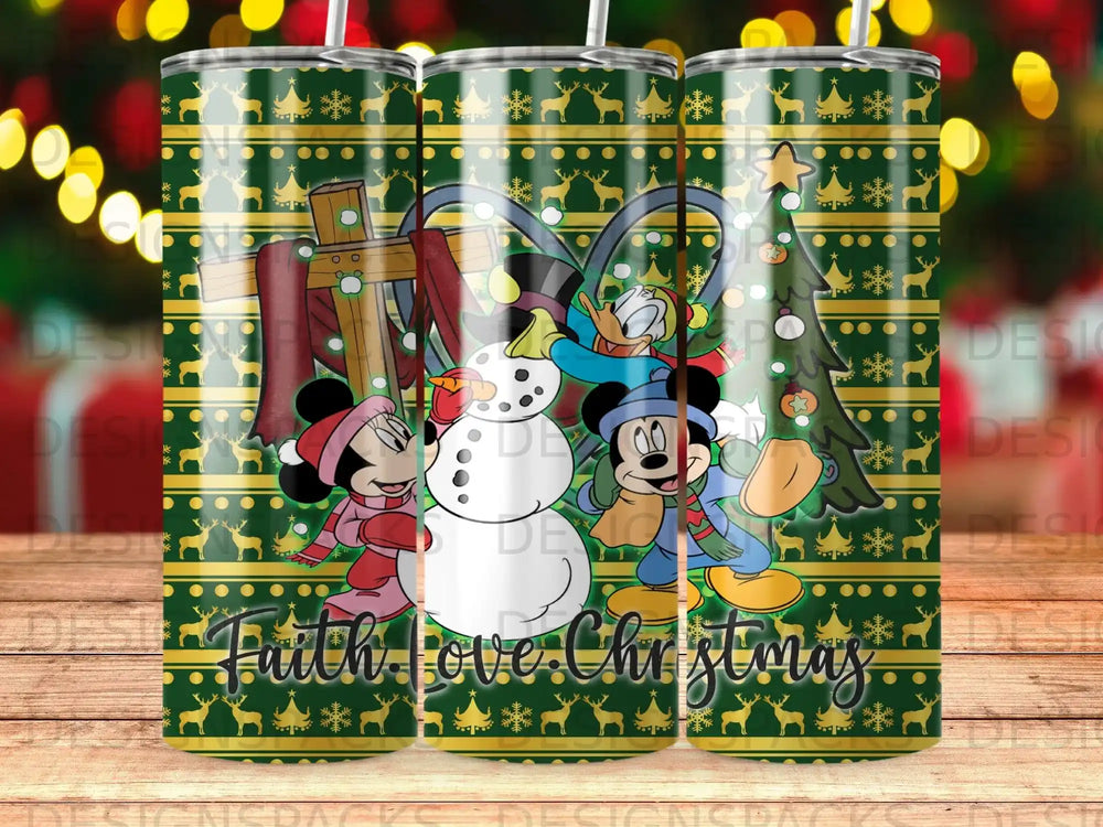 Minnie and Mickey Mouse with a snowman and Christmas tree, "Faith Love Christmas" text.