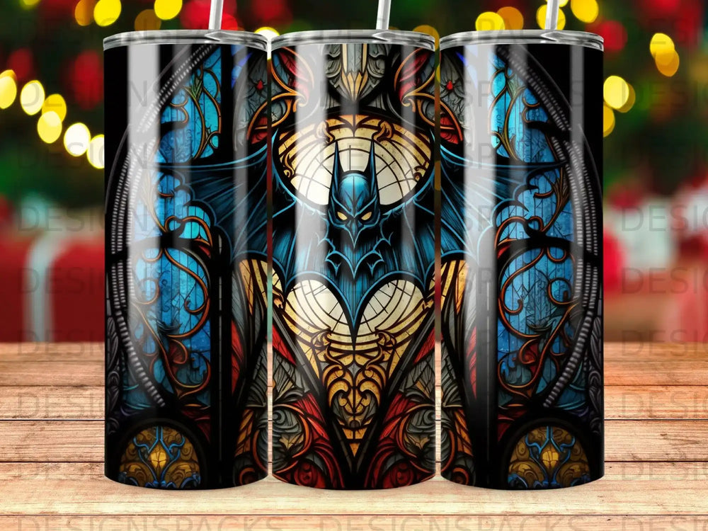 Stained glass Batman tumbler with intricate details and a dark, moody color palette.