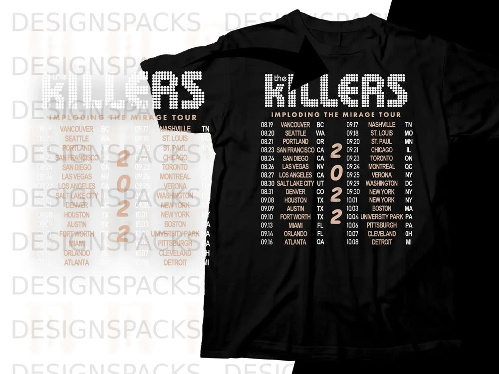 The Killers Imploding the Mirage Tour 2022 shirt with tour dates and cities.