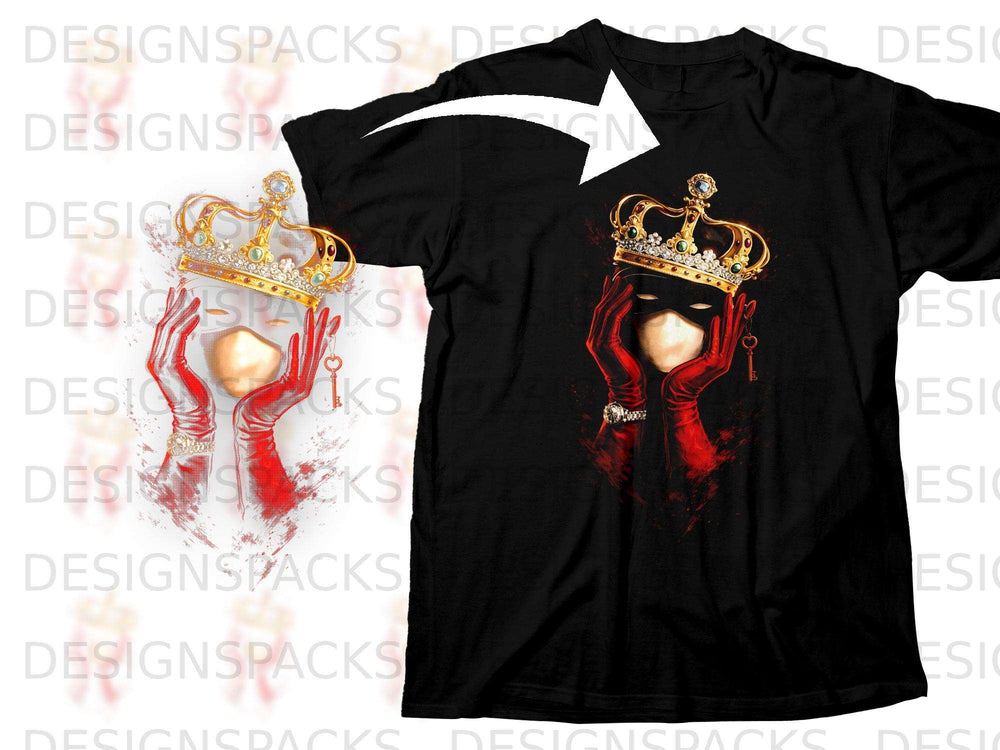 Black t-shirt with a graphic of a masked person in red gloves holding a crown and key.