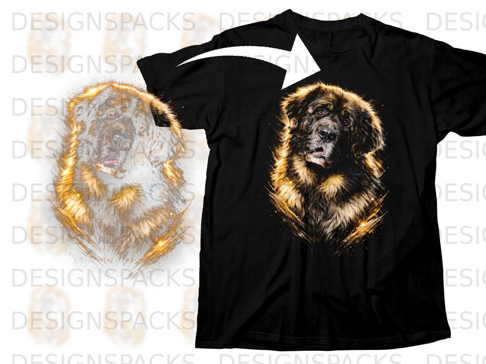 Black t-shirt with a glowing golden dog portrait design.