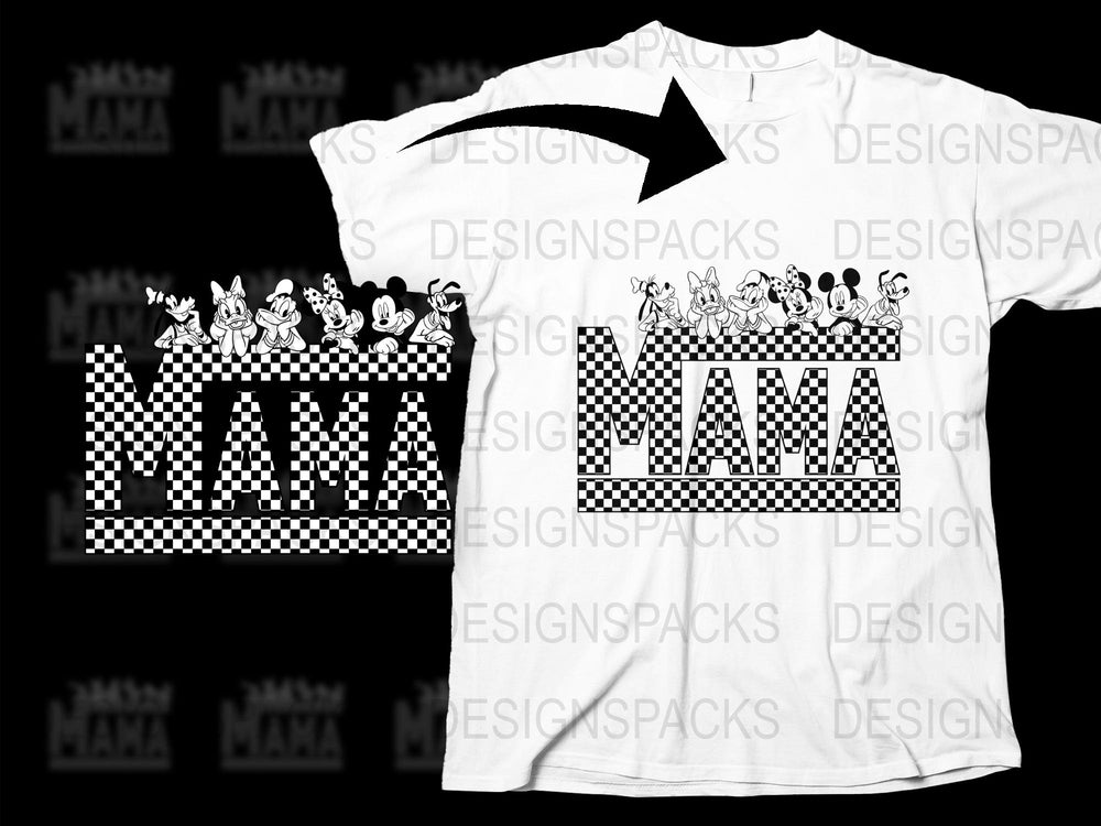 Mama Checkered T-Shirt with Cartoon Characters, White Graphic Tee for Mothers