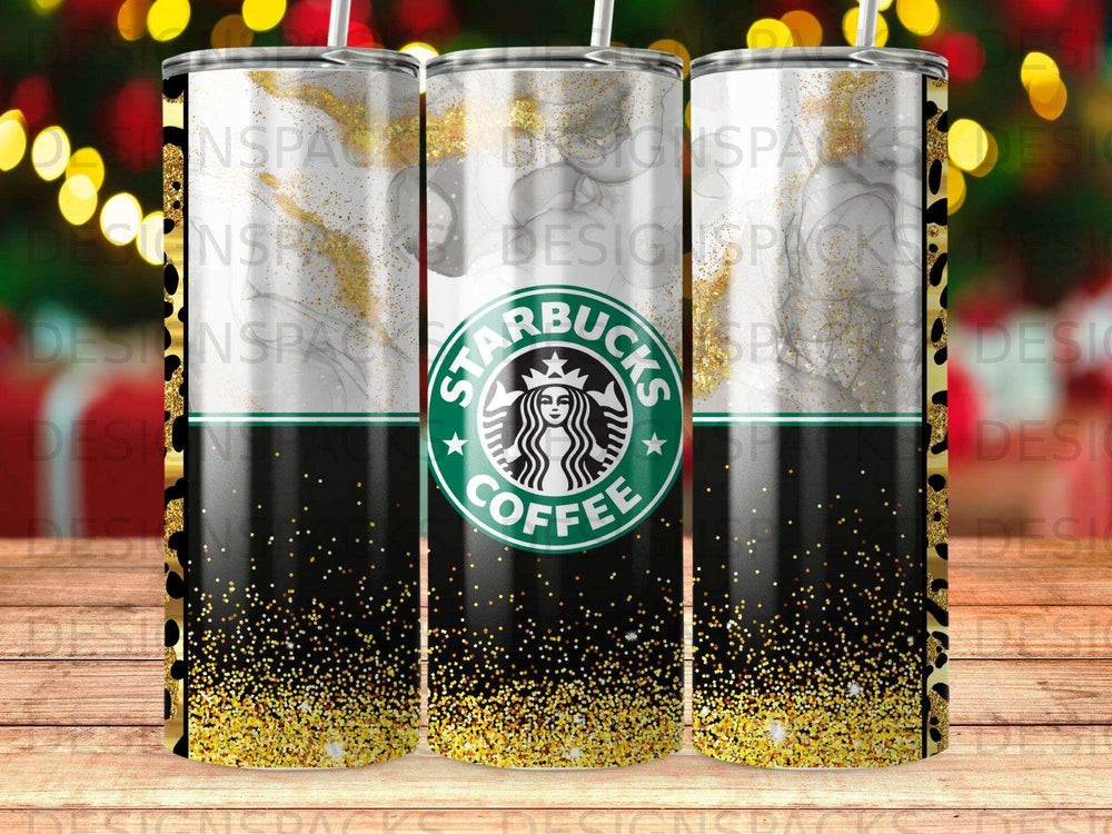 Starbucks Coffee tumbler with leopard print and gold glitter accents.