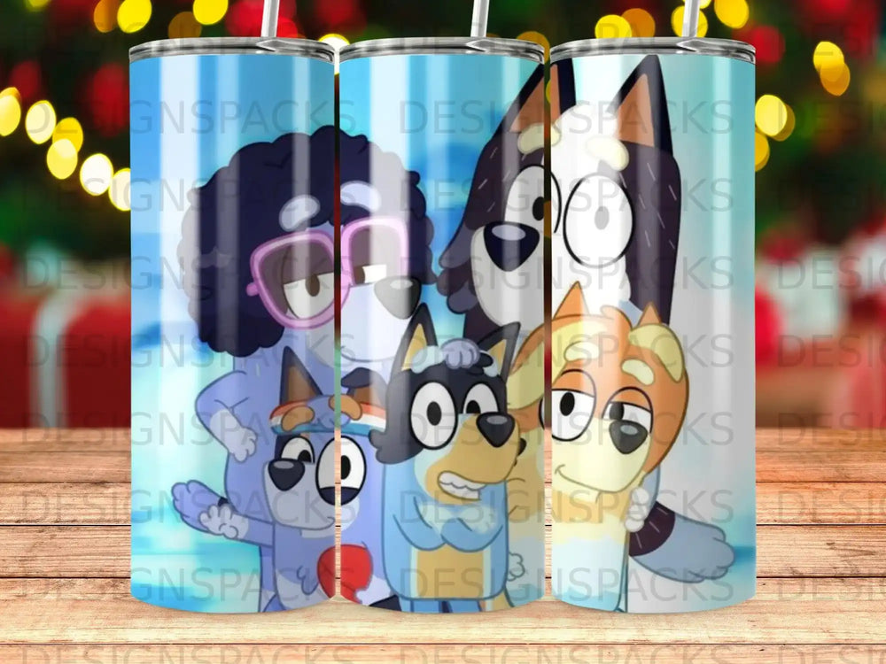 Bluey and Bingo characters on a blue background, designed for tumblers.