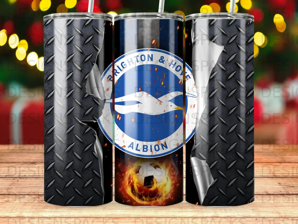 Brighton & Hove Albion FC logo with flames on a diamond plate textured tumbler.