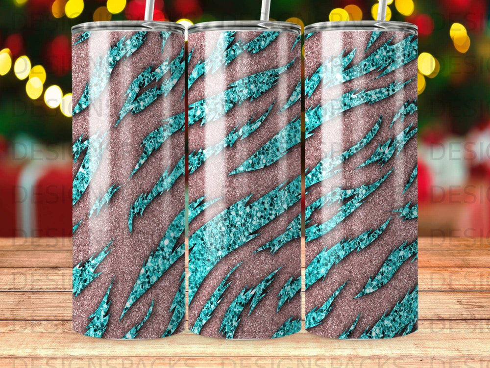 Rose gold glitter background with teal tiger stripes.