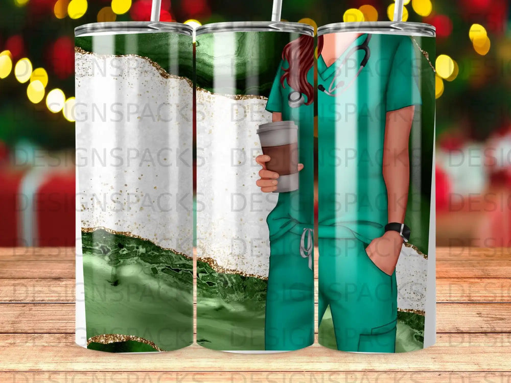 Nurse holding coffee cup in green marble and sparkle tumbler.