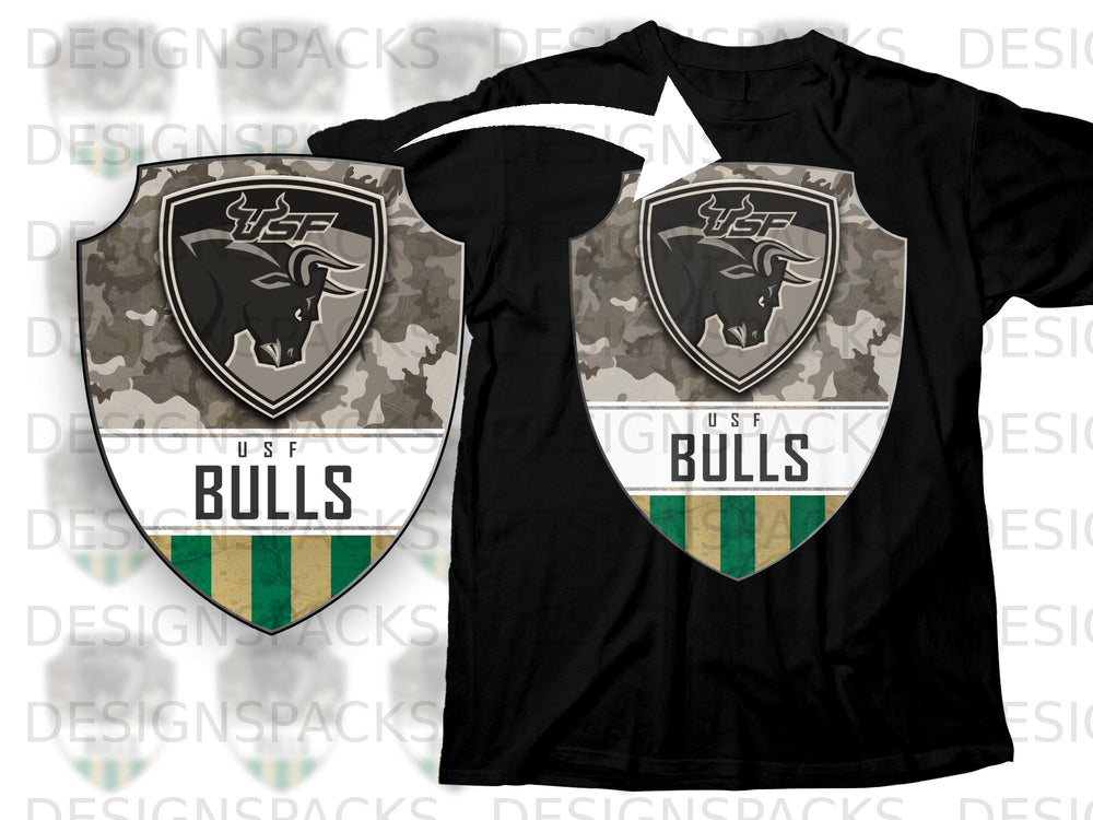 USF Bulls shield logo with bull graphic on a black t-shirt.