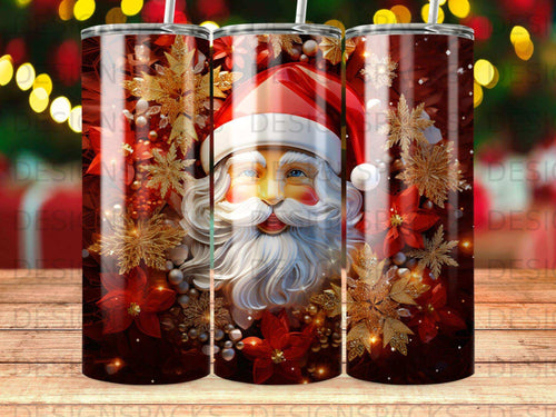 Santa Claus with poinsettias and snowflakes on a patterned tumbler.