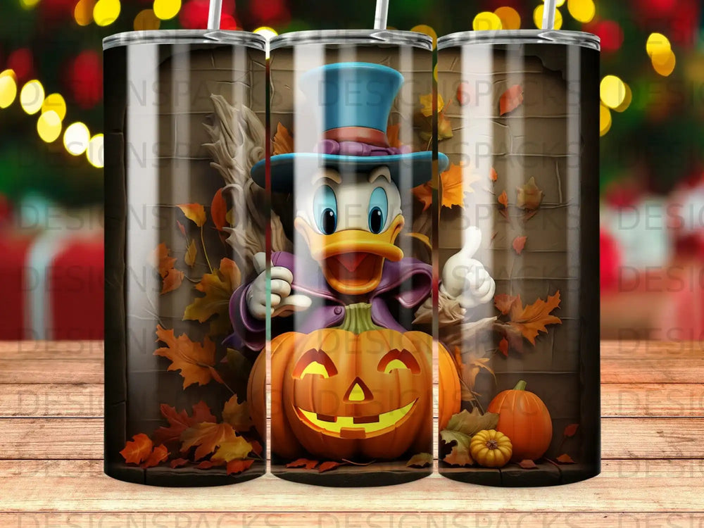 Donald Duck in a hat giving a thumbs up next to a jack-o'-lantern.