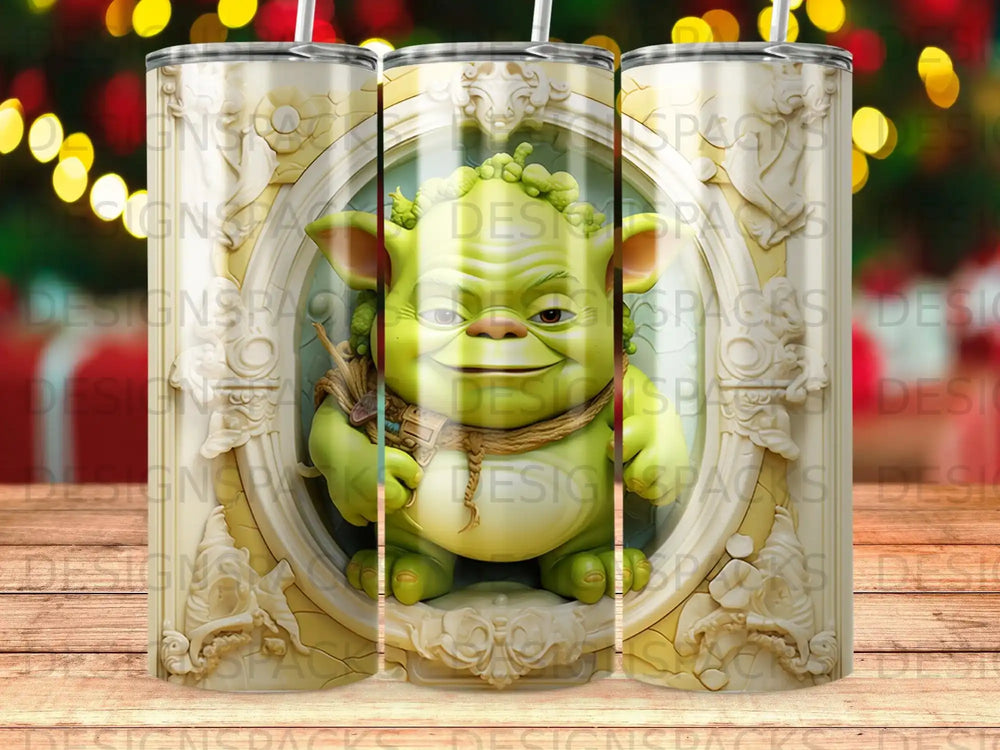 Yoda-like character in a decorative frame, green, winking, holding a pouch.