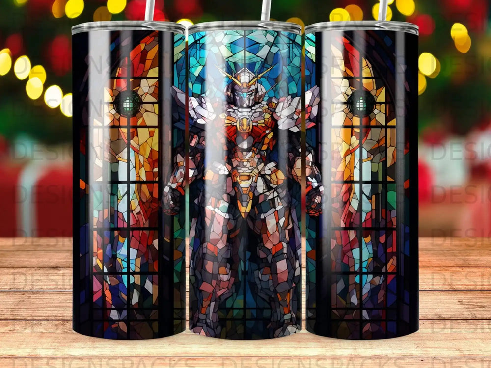 Robot in stained glass pattern on a tumbler.