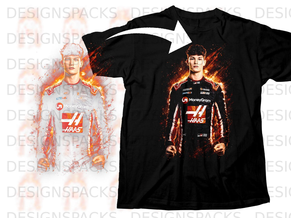 Black t-shirt featuring driver Nico Hulkenberg in racing suit with MoneyGram and Haas logos.
