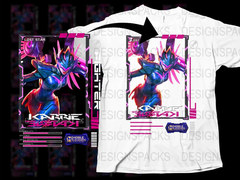 Mobile Legends Lost Star T-Shirt, Karrie Graphic Tee, Vibrant Pink and Blue Design, Unisex Gaming Apparel