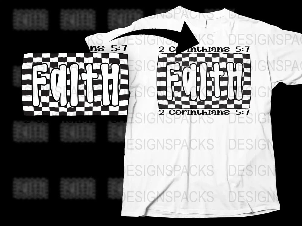 Faith Christian T-Shirt, 2 Corinthians 5:7 Quote, Black and White Checkered Design, Inspirational Religious Clothing, Unisex Tee