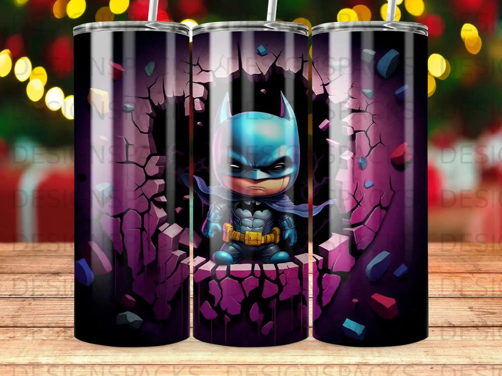 Batman logo cracked effect design on a cylindrical tumbler.