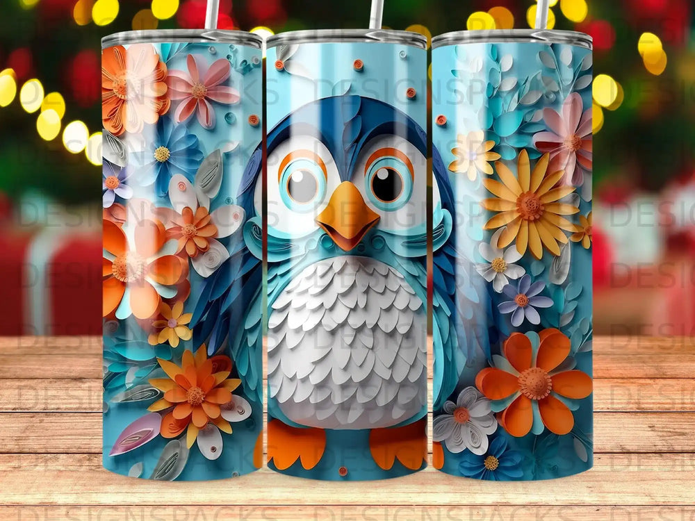 Blue penguin with orange flowers on a tumbler.