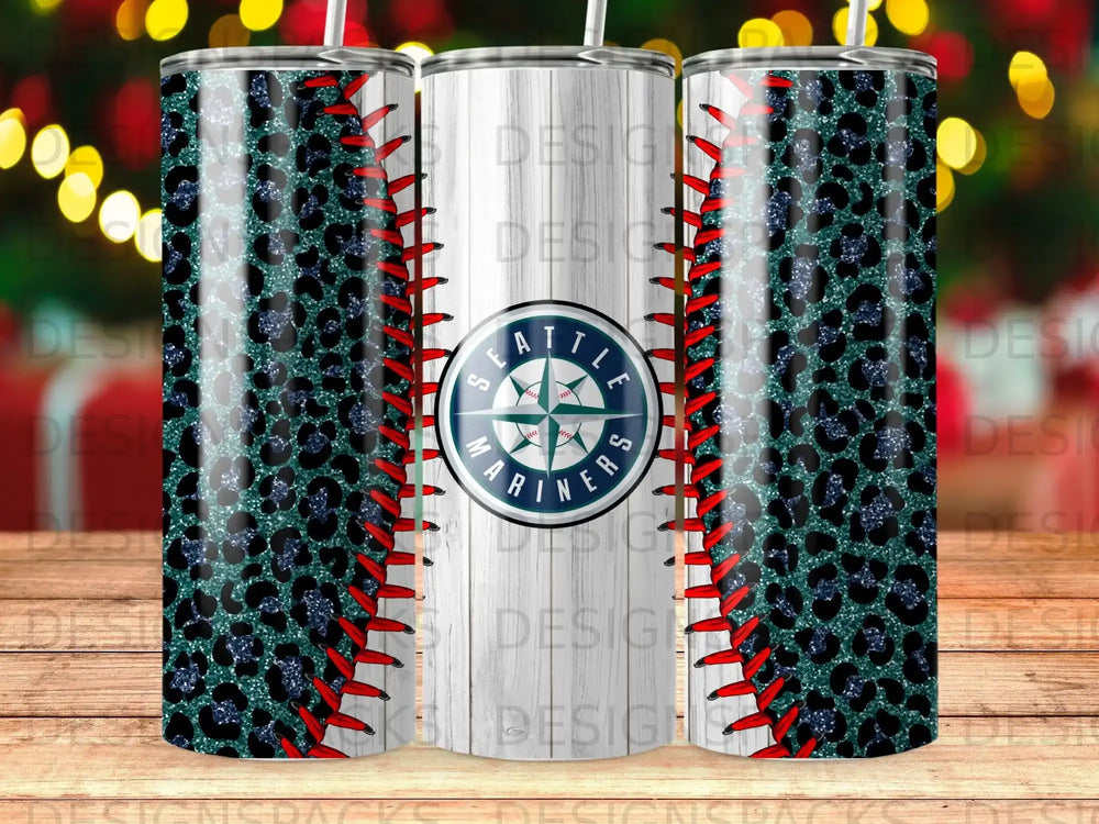 Seattle Mariners baseball tumbler with leopard print and stitching.