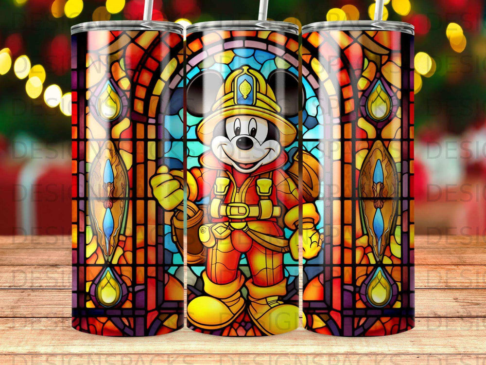 Mickey Mouse as a firefighter in stained glass window design.