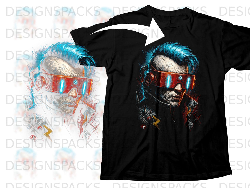Black t-shirt with a cyberpunk zombie graphic featuring blue hair and red goggles.