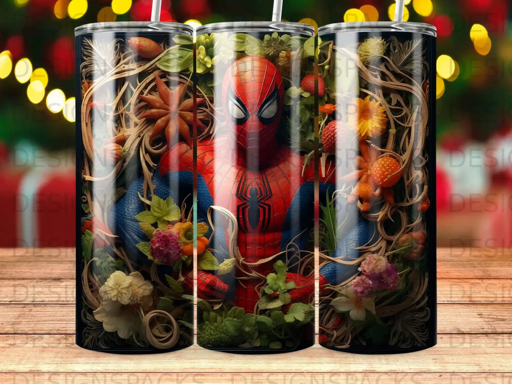 Spider-Man amidst vines and flowers, detailed artwork on tumbler.