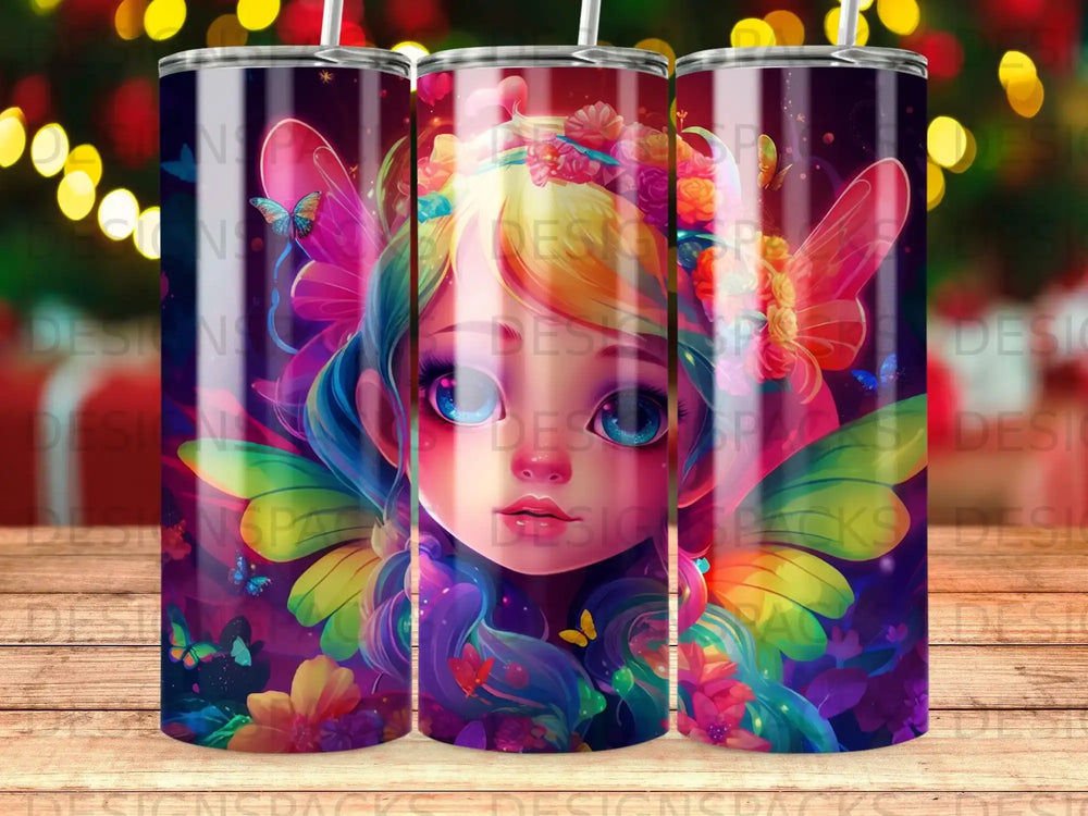 Fantasy girl with colorful wings and floral crown, digital art tumbler.