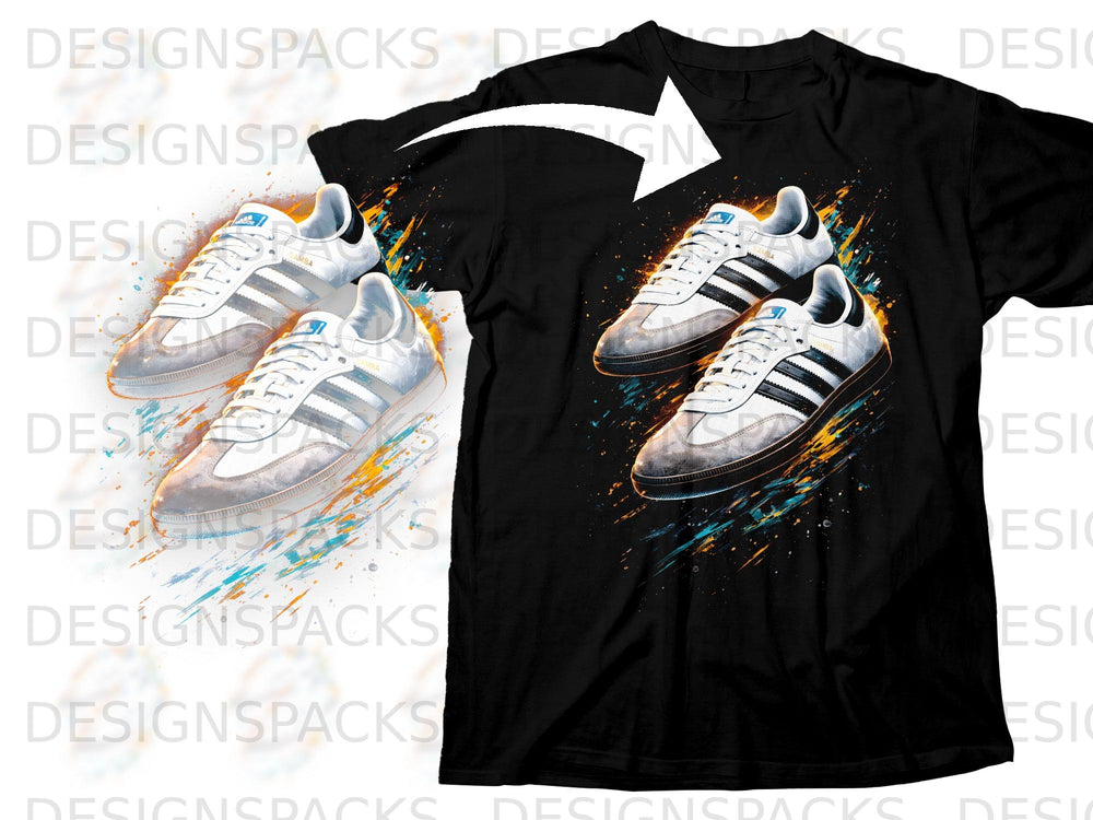 Black t-shirt featuring an artistic print of white Adidas Samba sneakers with colorful paint splatters.