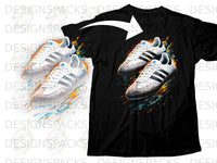 Load image into Gallery viewer, Black t-shirt featuring an artistic print of white Adidas Samba sneakers with colorful paint splatters.
