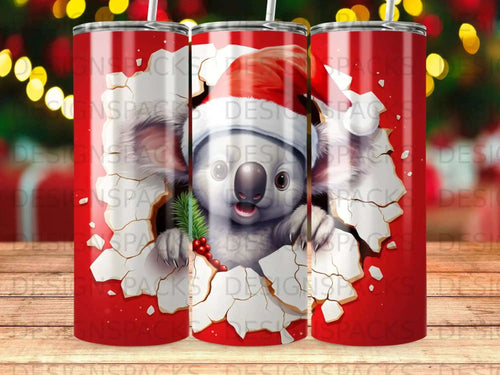 Koala in Santa hat peeking through torn paper, red background.