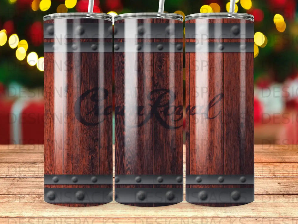 Three tall tumblers with wood grain design and dark metal bands.