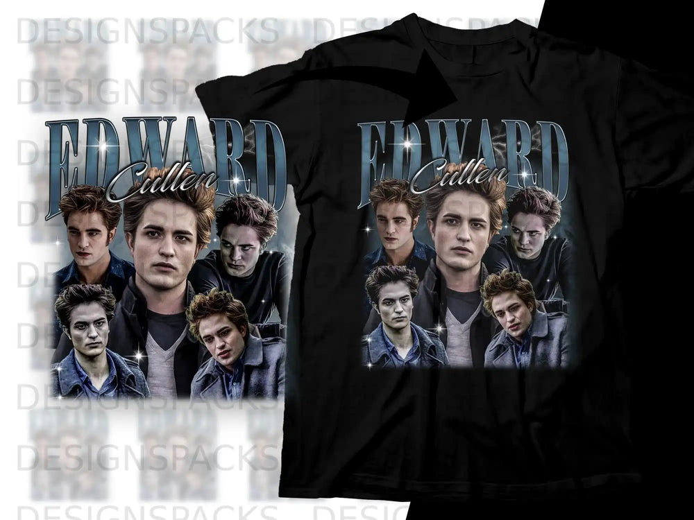 Collage of actor Robert Pattinson as Edward Cullen on a black t-shirt.