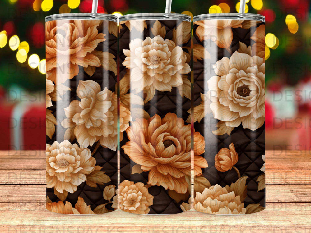Floral pattern tumbler with dark brown quilted background and bokeh lights.