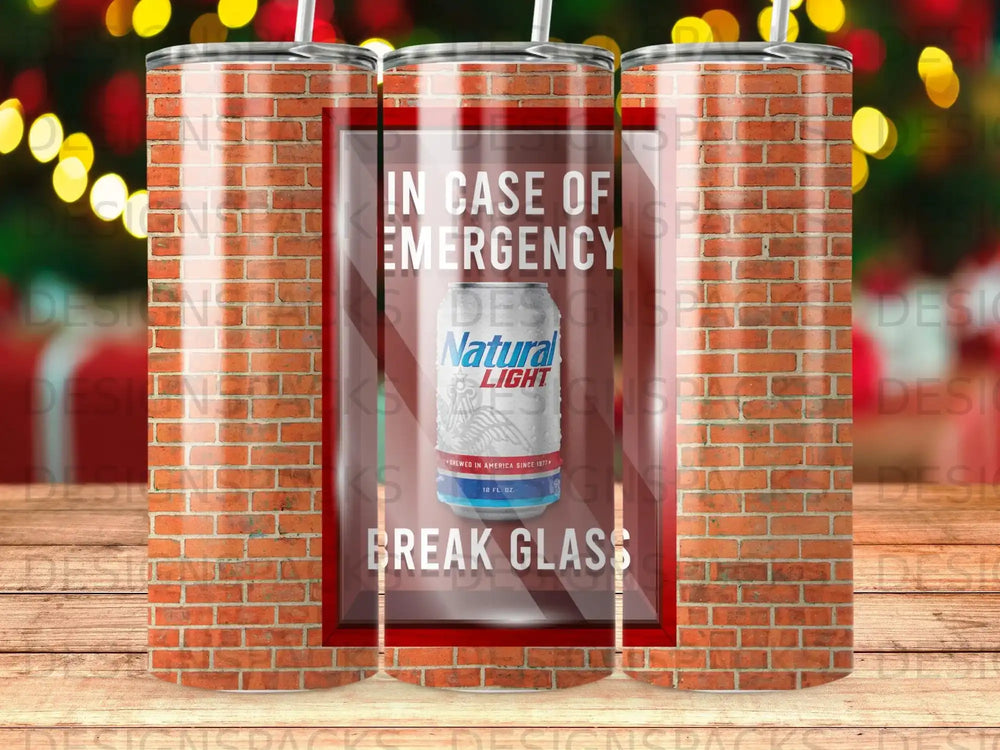 Coors Light beer can with "In Case of Emergency Break Glass" text.