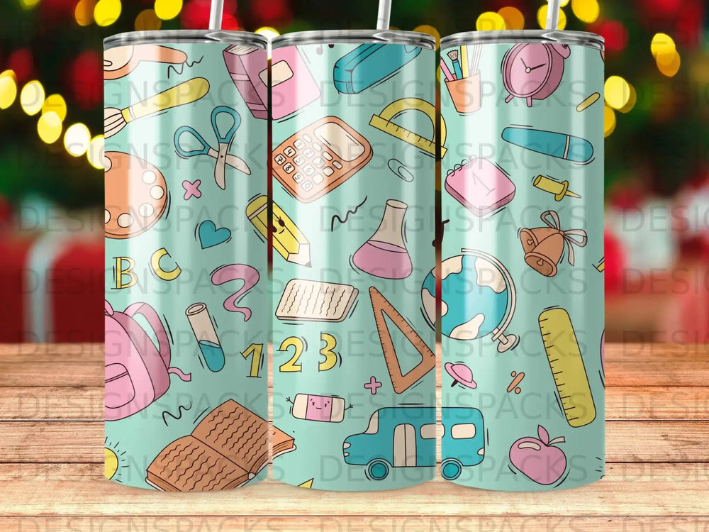 School supplies backpack pencil globe ruler bus apple design product type