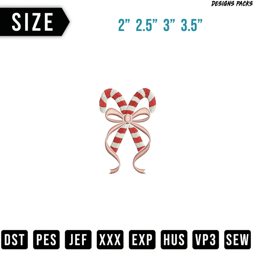 Candy cane bow embroidery design in sizes 2, 2.5, 3, and 3.5 inches.