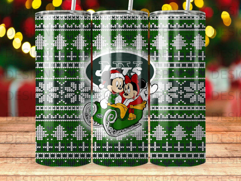 Mickey and Minnie Mouse in Santa hats ride a sleigh on a Christmas-themed tumbler.