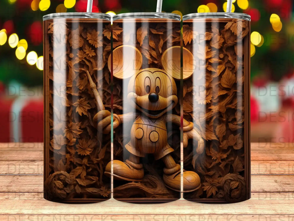 Wooden Mickey Mouse figurine carved into wood with ornate details.