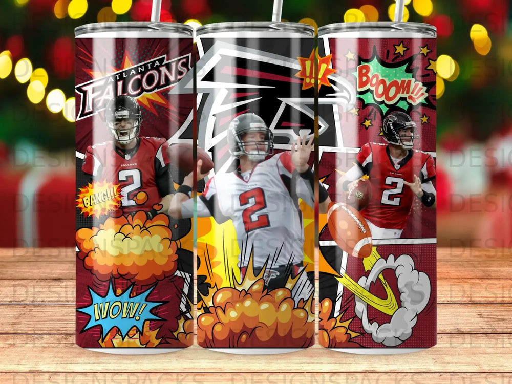 Atlanta Falcons player throwing football with comic book-style explosions.