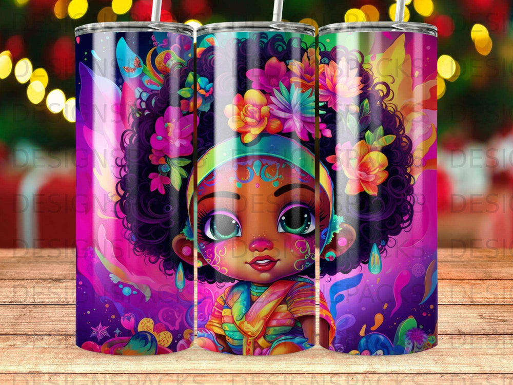 Colorful cartoon child with floral hair and bright clothing.