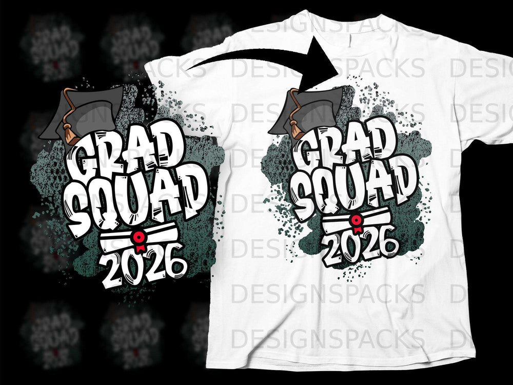 White t-shirt design with "Grad Squad 2026" text and graduation cap.