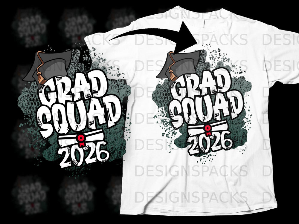 White t-shirt design with "Grad Squad 2026" text and graduation cap.