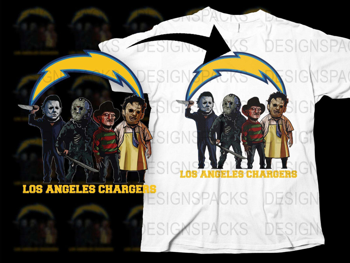 Horror Movie Icon Mashup T-Shirt, Los Angeles Chargers, Freddy Jason Theme Tee