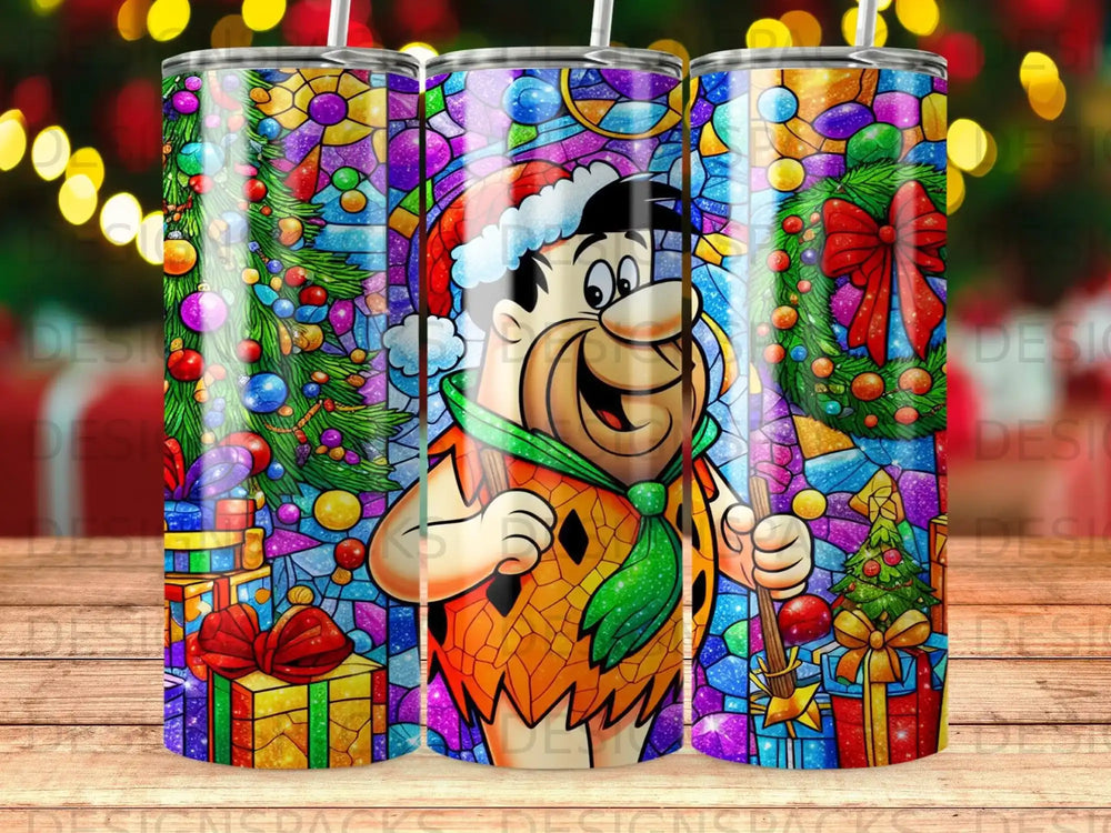 Flintstone character in Santa hat holding broom, festive holiday background.