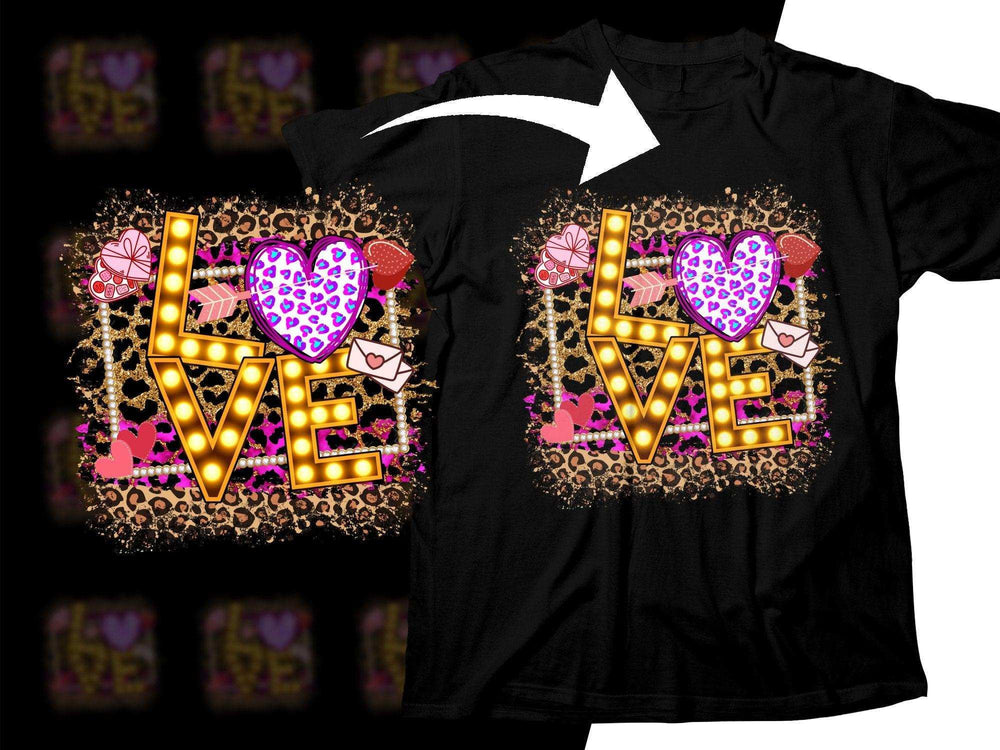 Love design with leopard print, hearts, and marquee lights on black t-shirt