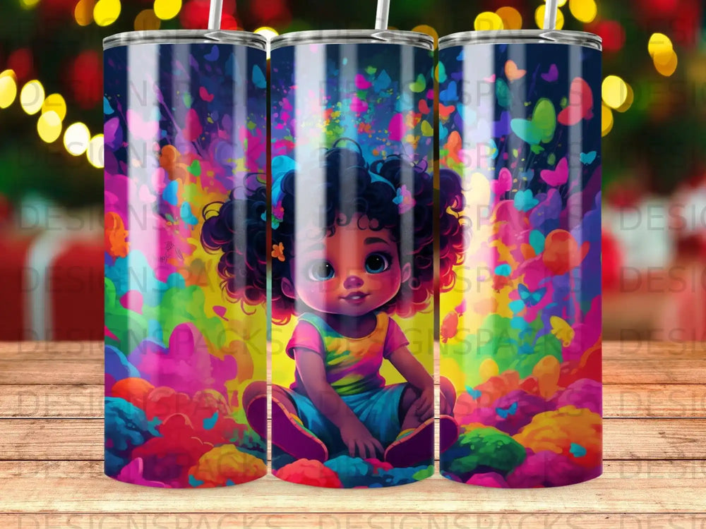 Child in colorful, abstract background with butterflies.