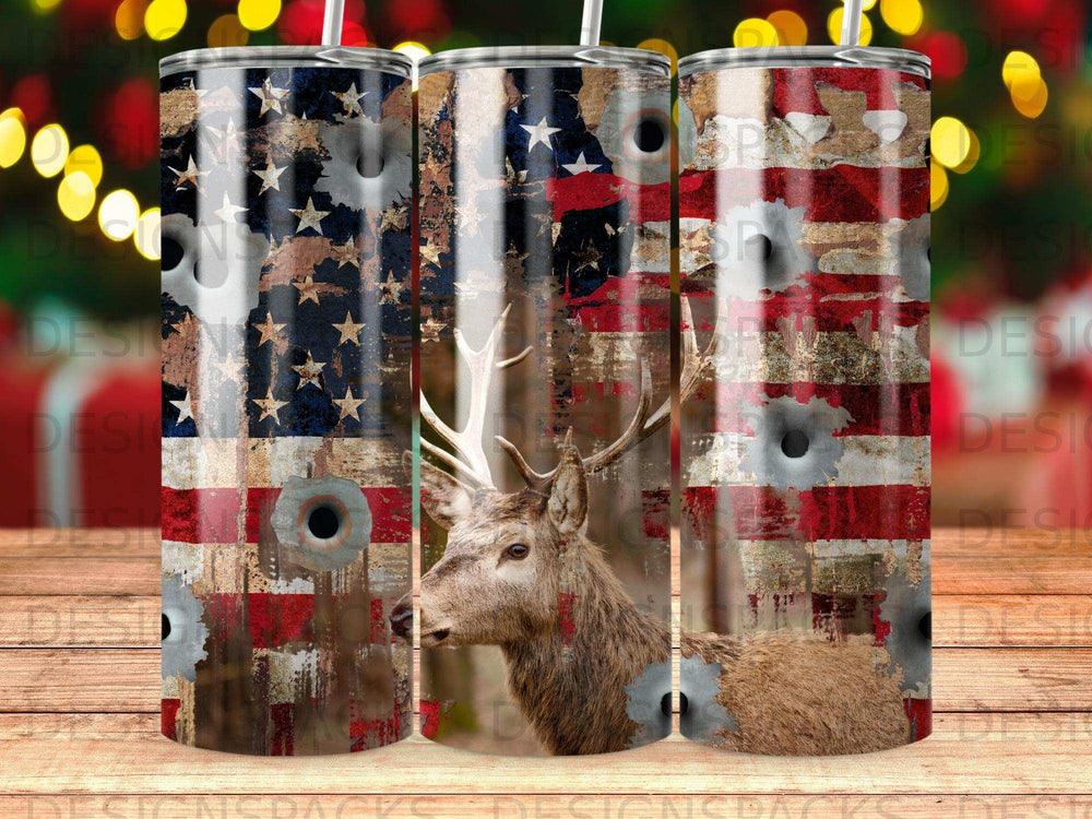 Deer against distressed American flag background with bullet holes.