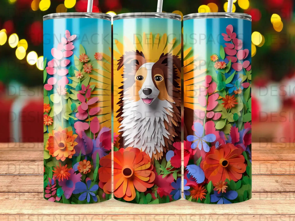 Tricolor Sheltie dog with colorful floral papercraft design.